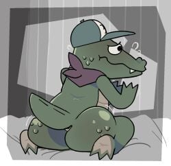 2024 alligator alligatorid anthro anus ass barely_visible_anus bed big_butt clothing crocodilian digital_media_(artwork) furniture hat headgear headwear hi_res kerchief later_alligator male motion_lines neckerchief neckwear nervous pat_(later_alligator) pawplants pillowfight rear_view reptile scalie smallbu solo tail three-quarter_view toony