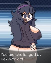 ass hex_maniac long_hair nipples nipples_visible_through_clothing pokeball pokemon pokemon_xy purple_dress purple_eyes purple_hair short_dress smiling_at_viewer text verdoshonsfw violet_dress violet_eyes violet_hair