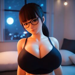 1girls 3d 3d_(artwork) ai_generated big_breasts brown_hair brown_hair busty cleavage glasses large_breasts madz(oc) ponytail radnsad solo solo_female solo_focus