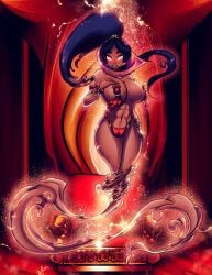 1girls 2024 aladdin aladdin_(1992_disney_film) armbands aroused bikini_bottom black_hair breasts collar color dark-skinned_female dark_skin disney disney_princess floating genie genie_girl genie_tail glowing gold_eyes gold_jewelry hachimitsu-ink hand_on_hip headscarf heart-shaped_pupils large_breasts nipple_covers no_text pasties png post_transformation princess princess_jasmine red_clothing scantily_clad smoke_tail sparkles throne throne_room