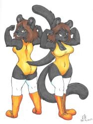 anthro anthro_female black_fur brown_hair cat_humanoid commission female female_focus female_only flexing flexing_arms flexing_both_biceps fursona nekotigerfire original original_art original_artwork panther panther_girl tail wonder_jezy_(wonderjezy) wrestler wrestling wrestling_outfit wrestling_singlet yellow_clothing