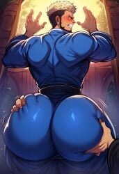 ai_generated angry ass ass_bigger_than_head ass_cleavage ass_focus ass_grab bara big_ass big_butt blush bubble_ass bubble_butt butt_focus butt_grab cavariver dilf gay goenitz groping huge_ass huge_butt jiggle jiggling_ass king_of_fighters looking_at_viewer looking_back male_only mature multicolored_hair robe snk thick_thighs wedgie wide_hips