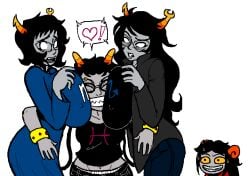 2013 2d 4girls aggrus aradia_megido aranea_serket black_hair blue_lips blush breast_squish breasts clothing erect_nipples eyebrow_piercing fangs glasses grey_skin homestuck horns huge_breasts large_breasts long_hair meenah_peixes ms_paint_adventures multiple_girls nipples nipples_visible_through_clothing open_mouth planetofjunk red_lips sharp_teeth short_hair smile smothering source_request sweat troll vriska_serket white_background white_eyes yellow_eyes yuri