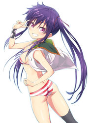 ass blush bra breasts choker ebisuzawa_kurumi female from_behind gakkou_gurashi! grin hair_ribbon knee_pads long_hair looking_at_viewer looking_back michairu open_clothes outline panties purple_eyes purple_hair ribbon school_uniform simple_background smile solo striped striped_bra striped_panties tied_hair twintails underwear v very_long_hair white_background wristband