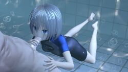 barefoot blowjob blue_eyes blue_nails blue_wetsuit bubbles fellatio flanc_(flancsteam) flancsteam floating looking_up oc original_character silver_hair swimming_pool swimsuit swimwear underwater underwater_sex wetsuit