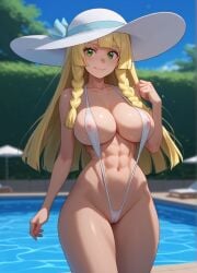 1girls ai_generated big_breasts female game_freak lillie_(pokemon) nintendo pokemon pokemon_sm sling_bikini slingshot_swimsuit solo xvqa