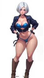 1girls ai_generated angel_(kof) big_breasts blue_eyes boots busty cameltoe curvaceous curvy cute_face female huge_breasts jacket king_of_fighters latex leather light-skinned_female light_skin looking_at_viewer short_hair standing thick thick_legs thick_thighs thighs thong voluptuous voluptuous_female white_hair white_skin wide_hips