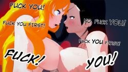 1boy 2girls black_hair black_hair_female blonde_female blonde_hair boobjob breasts crossover cursing double_boobjob erect_penis final_fantasy_vii fuck_you glaring_at_another nakadashi_(artist) nude_female purple_eyes red_eyes rwby tifa_lockhart yang_xiao_long