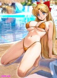 1girls alluring arm_support artist_name bare_arms bare_legs bare_shoulders barefoot big_breasts bikini bishoujo_senshi_sailor_moon blonde_hair blue_eyes bow cameltoe cleavage commentary_request covered_erect_nipples female female_only hair_ornament hairbow high_res highleg highleg_bikini kneel long_hair looking_at_viewer minako_aino navel oyaman parted_lips photo_background revealing_clothes sailor_venus stomach swimming_pool swimsuit thighs