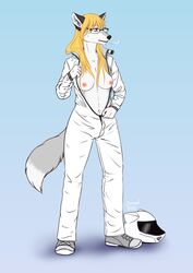 1futa 2015 anthro areolae ball_bulge balls balls_under_clothes black_nose blonde_hair blue_background blue_eyes breasts breathing bulge canine canned_(artist) clothed clothing erect_nipples eyewear flaccid fur futa_only futanari glasses gradient_background grey_fur hair headgear helmet intersex jumpsuit mammal medium_breasts navel nipples partially_clothed penis penis_bulge penis_under_clothes pink_nipples simple_background solo standing the_stig top_gear undressing wolf