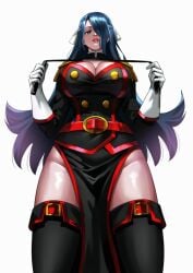 anti-demon_corps_uniform azuma_fubuki belt belt_buckle blue_eyes blue_hair cleavage commission dominant_female gloves hair_over_one_eye large_breasts long_hair looking_at_viewer looking_down mato_seihei_no_slave milf pelvic_curtain thighs viewed_from_below whip zinfian