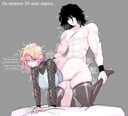 1boy1girl allenhara bed black_hair blonde_female blonde_hair female from_behind_position green_eyes half-dressed legwear light_skin logan_(allenhara) looking_back male muffin_top muscular_male original original_character portuguese_text sasha_(allenhara) scars sex straight sweat trans_woman transfem