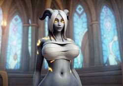 ai_generated big_breasts blizzard_entertainment breast_wrap chelru draenei golden_eyes lightforged_draenei smooth_belly warcraft world_of_warcraft