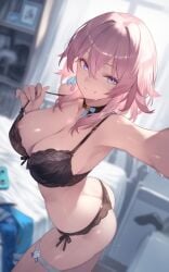 ai_generated armpits ass bare_arms bare_legs bare_shoulders bare_thighs big_breasts black_bra black_panties blush bra bra_pull breasts butt_crack choker cleavage collarbone hair_ribbon honkai:_star_rail indoors lace-trimmed_bra lace-trimmed_panties march_7th_(honkai:_star_rail) multicolored_eyes nipple_slip nipples panties parted_lips pink_hair setsuaiart shiny_skin short_hair smile standing sweat sweaty_body thigh_strap thighs underwear