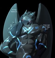 2024 akumi456 anthro barazoku barcode biped blush blush_lines chastity_bulge chastity_device dragon drone duo european_mythology fur furred_dragon furred_scalie hi_res lock_bulge looking_aside male muscular muscular_anthro muscular_male muscular_sub mythological_creature mythological_scalie mythology scalie submissive submissive_anthro submissive_male talking_to_viewer unit_k41f_(reenub) western_dragon