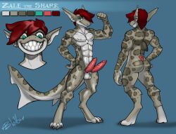 2_penises abs anthro aquatic athletic athletic_anthro athletic_male balls barbell_piercing bleats blue_background butt digitigrade diphallism dorsal_fin english_text erection fin fish flexing flexing_bicep genitals grey_spots grin ground_shark hair half-closed_eyes horizontal_diphallism hybrid_genitalia hybrid_penis leopard_shark male markings model_sheet multi_genitalia multi_penis muscle_tone narrowed_eyes nipple_barbell nipple_piercing nipples pecs penis piercing red_hair scaled_penis scales shark sharp_teeth simple_background smile solo spots spotted_body spotted_scales tail tail_fin teeth text triakid wide_eyed zale_the_shark