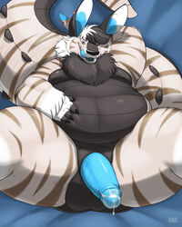 1boy anthro balls blue_background blue_penis chest_tuft chubby cum fur gillpanda humanoid_penis leaking looking_at_viewer male male_only penis precum presenting simple_background solo spread_legs spreading tuft unknown_species