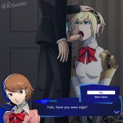 aigis_(persona) android blonde_hair blowjob blue_eyes dialogue gameplay_mechanics makoto_yuki oral penis persona persona_3 persona_3_reload ryoosore tagme tongue tongue_out video_game_character yukari_takeba