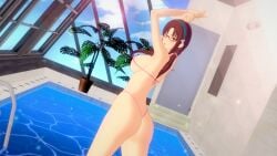 1girls 3d armpits arms_above_head ass big_ass big_breasts brown_eyes brown_hair busty covered_nipples erect_nipples_under_clothes fat_ass female female_only from_behind glasses hi_res large_breasts long_hair looking_at_viewer looking_back low_ponytail mari_illustrious_makinami naughty_face neon_genesis_evangelion pink_bikini pool pose posing sensual sexy sexy_armpits sexy_pose sideboob smile solo thong_bikini tongue tongue_out voluptuous water