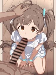 1girl absurdres ahoge bar_censor bracelet breasts censored choker clothed_female_nude_male commentary_request commission dark-skinned_male dress empty_eyes expressionless fellatio hakozaki_serika head_grab hetero highres idolmaster idolmaster_million_live! jewelry large_penis long_hair looking_at_viewer milliani mosaic_censoring nude on_floor oral penis pixiv_commission pov sitting small_breasts solo_focus twintails very_long_hair white_choker white_dress wooden_floor