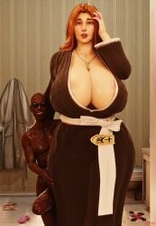 1boy 1girls 3d 3d_(artwork) bathroom big_breasts big_penis bleach breasts_bigger_than_head buttplug chain_necklace cleavage clothed_female_nude_male condom condom_in_hand dark-skinned_male dark_skin female gigantic_breasts gigantic_penis interracial kimono larger_female male matsumoto_rangiku muunsfw muunsfw3d penis rangiku_matsumoto size_difference smaller_male strawberry_blonde_hair sunglasses veiny_penis wide_hips