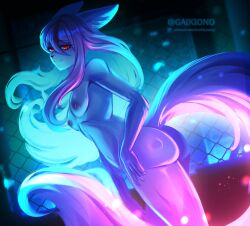 absurd_res anthro brand_new_animal breasts canid canine digital_media_(artwork) female fox fur gaiki hair hi_res looking_at_viewer mammal nazuna_hiwatashi nipples nude pink_body pink_fur pink_hair small_breasts smile solo studio_trigger tail thick_thighs white_body white_fur wide_hips