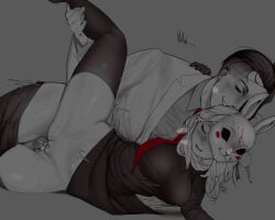1boy1girl creampie mask_on_head rabbit_mask black_and_white 2d meinkatzchen scrutinized scrutinized_(game) oc_x_canon selina_(meinkatzchen) tanner_(scrutinized) on_side blush_lines gasping stockings black_stockings black_dress semen semen_in_vagina movement_lines sweatdrop sweat sweating blood_stain scars pants_down blonde_female brunette_male leg_up exposed_pussy hard_nipples half_dressed half_naked animal_mask disheveled_hair smiling_at_partner