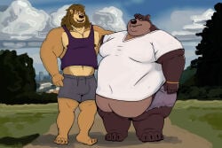 anthro bear beard belly_overhang belly_peek big_bulge bottomwear bracelet bulge clothing cloud duo facial_hair felid hi_res jewelry lion looking_at_another male male/male mammal mane moobs muscular muscular_arms muscular_male navel navel_outline necklace open_mouth outside overweight overweight_male pantherine pecs shirt shorts side_hug smile standing tank_top tcw thick_thighs topwear weight_difference