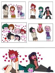2boys 4girls black_hair black_hair_female brown_hair brown_hair_female comic cute dodobird1224 female female/female green_hair green_hair_female heart-shaped_pupils hearts hearts_around_head izuku_midoriya jirou_kyouka kirishima_touka kiss kiss_mark_on_face kiss_marks kissing knocked_out lips lipstick lipstick_mark lipstick_mark_on_face lipstick_marks male male/female mina_ashido momo_yaoyorozu multiple_boys multiple_girls my_hero_academia not_porn ochako_uraraka pink_hair pink_hair_female red_hair red_hair_male smooch smooch_(sound_effect) white_background wholesome
