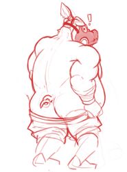 2d ass blizzard_entertainment clothing horrorbuns looking_at_viewer mako_rutledge male male_only mammal monochrome mooning overwatch overwatch_2 pants pants_down pig porcine roadhog simple_background sketch solo undressing white_background