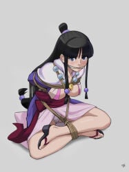 1girl ace_attorney arms_behind_back bare_legs bdsm black_hair blue_eyes blunt_ends blush bondage bound breasts collarbone feet full_body gagged grey_background hair_ornament highres jacket japanese_clothes kimono legs long_hair looking_at_viewer low_ponytail maya_fey medium_breasts obi panties pink_kimono ponytail purple_jacket sandals sash sharpffffff shibari short_kimono sidelocks signature simple_background sitting solo sphere_hair_ornament toenails toes underwear very_long_hair white_panties