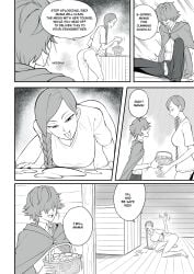 lewd_red_riding_hood_(monstershake) red_(monstershake) red's_mother_(monstershake) 2d 2d_artwork 2d_(artwork) black_and_white manga manga_style manga_page no_pants no_panties clothed_male penis penis_out penis_out_of_pants fell_over sitting sit sitting_on_ground eye_covering_bang fringe_over_eyes fringe long_hair very_long_hair braid braided_hair braided_ponytail small_penis incest mother son mother_and_son mother_and_child tall_female short_male taller_female taller_girl shorter_male shorter_male/taller_female tall_woman tall_girl large_breasts large_boobs large_ass large_arse anorexic thin twink femboy lick licking licking_cum licking_cum_from_floor wave waving smile smiling