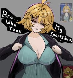 zynereon dokibird dokibird_(bounty_hunter) dokibird_(vtuber) 1girls 1girl sole_female solo_female indie_virtual_youtuber virtual_youtuber vtuber mascot dragoon_(dokibird) reference_image bird bird_girl yellow_feathers artist_signature grey_background gray_background simple_background door licking_lips tongue tongue_out wings hands_together drooling english english_text talking white_text ahoge blonde blonde_female blonde_hair black_eyebrows grey_eyes gray_eyes mouth_open short_hair light-skinned_female light_skin clothed clothed_female no_bra no_bra_under_clothes braless undressing coat black_coat blue_shirt breasts big_breasts curvy voluptuous annoyed annoyed_expression