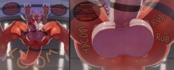 absurd_res anthro anus ball_focus balls bandai_namco blurred_background bodily_fluids butt claw_fingers dialogue digimon digimon_(species) digital_media_(artwork) english_text foreskin genital_fluids genitals guilmon heart_symbol hi_res low-angle_view male penis precum rad-lizer red_body red_tail spread_legs spreading tail text
