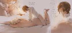 age_difference anal anal_penetration anal_sex anus anus_close-up arched_back ass ass_focus ass_grab ass_up asshole back_arch balls bed bedroom bedroom_sex big_ass blush blushing brown_hair button_down_shirt candle candlelight candles close-up color colored comic covering_face cursoulla dick dramatic_lighting emil_(nier) english_text feet feet_up flushed flushed_face from_behind from_behind_position functionally_nude gay gay_anal gay_male gay_sex hand_on_hip implied_anal implied_penetration implied_sex large_ass laying_on_bed laying_on_stomach legs_up light-skinned_male looking_pleasured male male/male male_only male_penetrating male_penetrating_male medium_hair mounting mouth_open multiple_views muscular muscular_male nier nier_(character) nier_(series) nier_replicant on_bed on_stomach partially_clothed pink_skin prone_bone prone_bone_position pubes pubic_hair purple_eyes scar scars scrotum short_hair simple_background size_difference small_dom_big_sub small_top_big_bottom spread_ass spreading_anus spreading_ass spreading_own_ass straddling text thighs white_hair white_pubic_hair yaoi