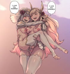2girls :d absurdres blush breasts breasts_apart bridal_veil carrying closed_eyes closed_eyes_smile commentary commission cowboy_shot cum cum_in_pussy damagefloor english_commentary fire_emblem fire_emblem_heroes flower full_body futa_with_female futanari hair_flower hair_ornament happy_tears highres hug long_hair long_sleeves medium_breasts multiple_girls nipples no_testicles nude outdoors princess_carry puff_and_slash_sleeves puffy_sleeves rose sex sharena_(fire_emblem) short_hair smile stirrup_legwear tears thighhighs toeless_legwear uncensored vaginal veil veronica_(fire_emblem) white_thighhighs wholesome wife_and_wife