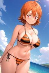 sora_takenouchi digimon digimon_adventure digimon_adventure_tri. rena_aikawa_(pixiv_user) ai_generated stable_diffusion pixiv 1girl breasts swimsuit bikini solo outdoors large_breasts smile short_hair navel red_eyes orange_bikini side-tie_bikini_bottom ahoge looking_at_viewer day sky striped_bikini orange_hair cleavage collarbone blush striped_clothes beach blue_sky halterneck cloud closed_mouth ocean wet cameltoe thigh_gap string_bikini hair_between_eyes stomach cowboy_shot standing bare_shoulders arms_behind_back groin thighs dutch_angle sweat skindentation water ass_visible_through_thighs bare_arms underboob horizon sunlight black_bikini