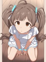 1girl absurdres ahoge bracelet choker commentary_request commission dress expressionless hakozaki_serika highres idolmaster idolmaster_million_live! jewelry long_hair looking_at_viewer milliani on_floor open_mouth pixiv_commission sitting solo twintails very_long_hair white_choker white_dress wooden_floor