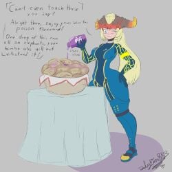 julyfiressb july_(julyfiressb) female bel_(beltorchika12) blonde_female blonde bottom_heavy poison poisoning food sequence vore_comic blue_bodysuit thick_thighs bodysuit oc beltorchika12 simple_background headpiece big_butt