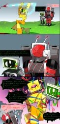 killdroid_(die_of_death) killdroid badware_(die_of_death) badware harken_(die_of_death) robot nonhuman wires wrapped_in_wires wireplay steam steaming morse_code dialogue english_text restrained die_of_death_(roblox) die_of_death basslapping tied_up cyclops comic overheating blushing blood spear blood_on_weapon sweat nervous pervert polycule threesome