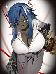 1girls big_breasts black_body blue_eyes blue_hair breasts breasts_bigger_than_head brown_body collar collarbone dark-skinned_female female female_focus female_only heart heart-shaped_pupils heart_symbol hearts hearts_around_head limbus_company looking_at_viewer looking_down massive_breasts naya643502 no_nose project_moon rufo_(limbus_company) solo solo_female solo_focus stu suggestive suggestive_look suggestive_pose tagme thick_hips thick_legs thick_thighs thighs unbuttoned unbuttoned_shirt white_background white_shirt