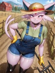 1anthro 1female 1girls ai_generated anthro big_breasts blush breasts ears eeveelution espeon female game_freak generation_2_pokemon looking_at_viewer nintendo pink_body pink_breasts pink_ears pink_fur pink_tail pointy_ears pokemon pokemon_(species) tail farm farmgirl farmer farm_background romper hat gloves athletic_female deskk artist_name