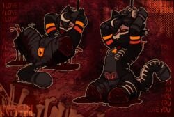 amputation anthro black_body black_fur black_sclera cuff_(restraint) dismemberment domestic_cat felid feline felis female fur genitals gore gore_focus handcuffed handcuffs humanoid_genitalia humanoid_vulva mammal markings masochism metal_cuffs nonbinary_(lore) open_wound orange_eyes orange_markings questionable_consent red_markings restraints sitting skeleton_(marking) skull_(marking) slightly_chubby snuff_(snuff_b8) snuff_b8 solo torture trans_(lore) trans_man_(lore) vulva wounded
