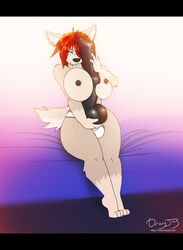 1futa anthro blue_eyes breasts clothed clothing dickgirl dildo dracojeff equine_dildo fur futanari half-dressed intersex looking_at_viewer michelle_wittmann plantigrade sex_toy solo solo_futa tan_fur topless