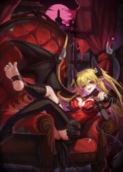 1girls armchair bat_wings blonde_hair demon demon_girl demon_horns demon_wings horns lacrima_the_crimson_tears lacrima_the_scarlet_sorrow long_hair lounging pink_moon red_eyes rpg_(ram) solo tongue_out yu-gi-oh!