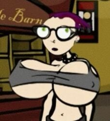 00s 1girls animated breast_expansion choker erect_nipples erection_under_clothes germaine_endez gigantic_breasts glasses green_eyes illwillpress midriff navel neurotically_yours nose_piercing official_art public punk punk_girl purple_hair screencap tank_top