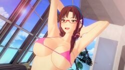 1girls 3d armpits arms_behind_head big_breasts brown_eyes brown_hair busty covered_nipples erect_nipples_under_clothes female female_only glasses hi_res large_breasts long_hair looking_at_viewer low_ponytail mari_illustrious_makinami neon_genesis_evangelion open_mouth pink_bikini pool pose posing sensual sexy sexy_armpits sexy_pose sideboob smile solo teeth tongue voluptuous water
