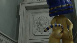 3d_(artwork) animal_crossing ankha_(animal_crossing) ankha_(zy0n7) anthro bleak_ambiance blue_hair capcom cinematic confident dark detailed_background digital_media_(artwork) domestic_cat door egyptian eyeshadow felid feline felis female flapelow_(artist) fur hair hand_on_butt hi_res light lighting looking_at_another makeup mammal mansion mood nintendo nude pose resident_evil solo standing wood wood_door yellow_body zy0n7