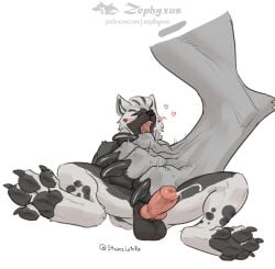 anthro balls black_body black_fur bodily_fluids canid canine canis cum digitigrade domestic_dog duo ejaculation feet foot_fetish foot_focus foot_play fur genital_fluids genitals hair hindpaw male male/male mammal mats_(glasnir) multicolored_hair pawpads paws penis size_difference stepped_on submissive trampling white_body white_fur wolf zephyxus