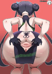 ecchitrail blue_archive kisaki_(blue_archive) 1girls solo long_hair black_hair hair_bun double_bun braided_bun hair_ornament butterfly_hair_ornament dress black_dress back_cutout clothing_cutout dragon_print china_dress chinese_clothes gloves black_gloves ass ass_focus anus pussy spread_anus spreading_own_anus grabbing_own_ass simple_background red_background uncensored outline artist_name from_behind presenting